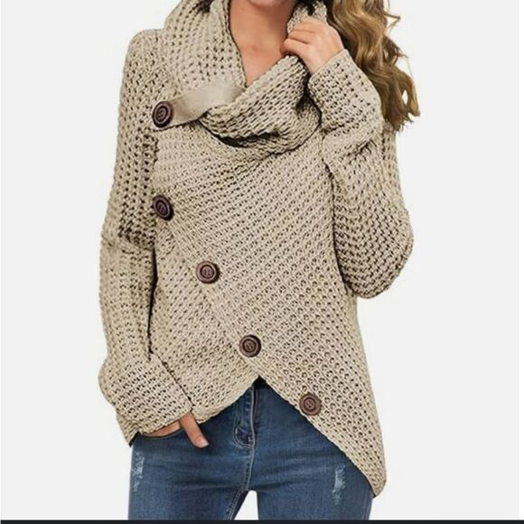 Grecerelle Sweater Cowl-neck Cross Wrap Chunky Beige Knit Size Medium - Picture 1 of 7